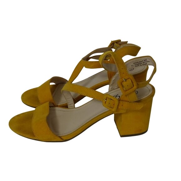 Rouge Helium Yellow Block Heel Strappy Sandals Women Size 11 Buckle Open Toe - Picture 2 of 9